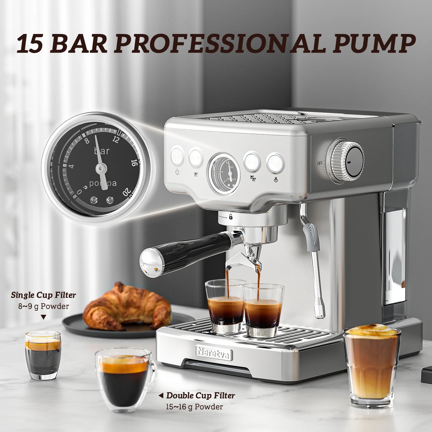 Neretva 15 Bar Espresso Machine with Milk Frother Steam Wand for Cappuccino, Latte, Macchiato, 1450W （220V）