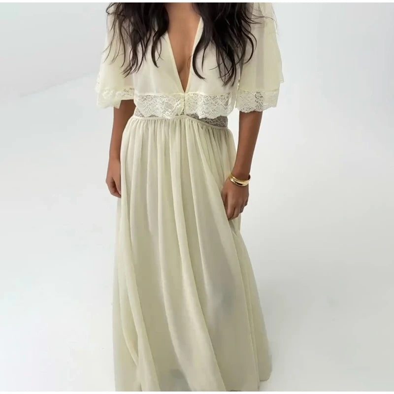 Lightweight Chiffon V-Neck Lace Insert Waist Maxi Dress Cutout Puff Sleeve 2026 Summer Women Party Dress Trendy Chic Lady Outfit