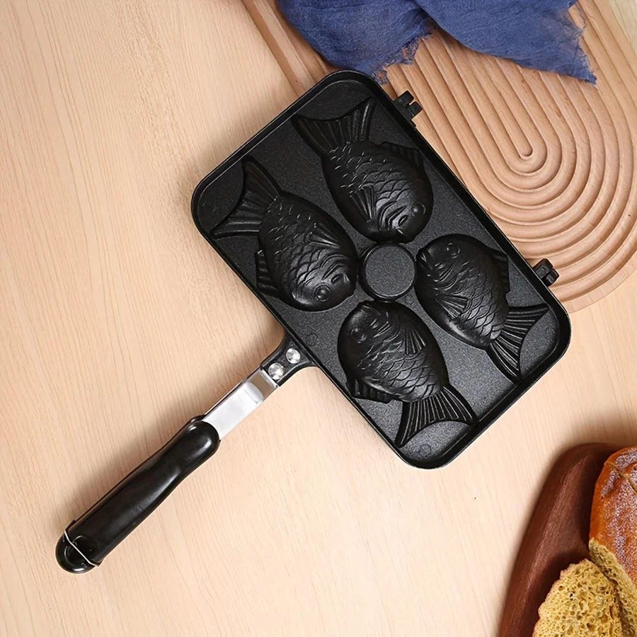 Taiyaki Fish Shape Waffle Maker Aluminum Alloy Double-Sided Uncoated 6-Cavity Mold Pan for Snacks Cakes Non-Stick Surface