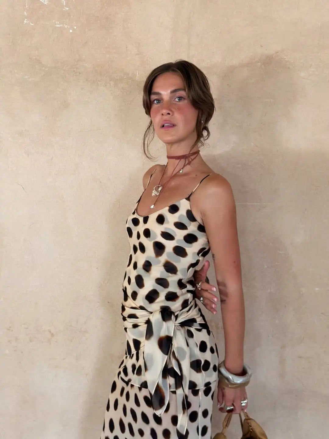 Trendy Slip Polka Dot Maxi Dress V-neck Ruched Drawstring Sexy Maxi Women Dresses Beach Vacation Stylish Retro Summer Party Robe