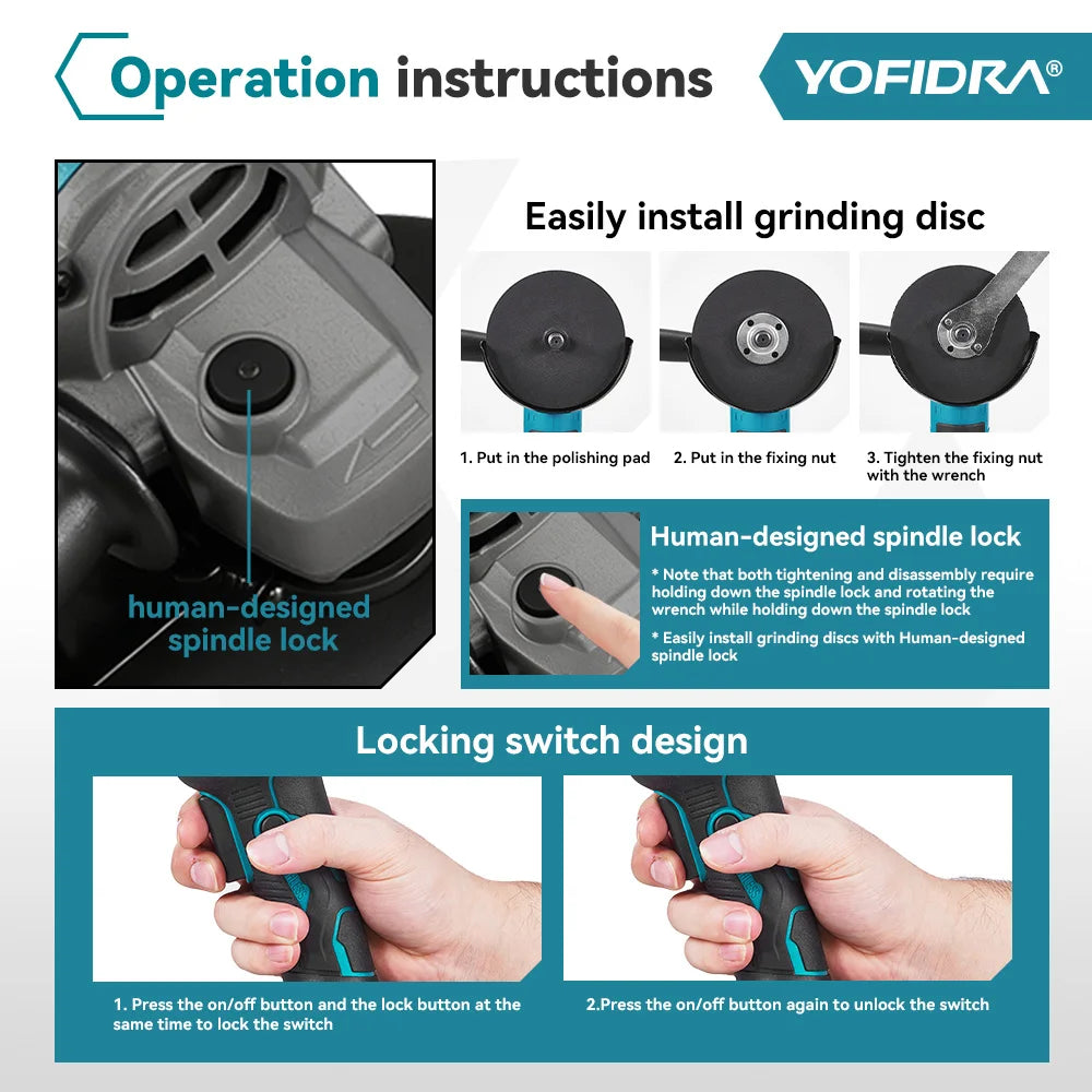 YOFIDRA 125mm Brushless Angle Grinder 3 Gears Cordless Grinding Machine Cutting Woodworking Power Tool For Makita Battery Pin