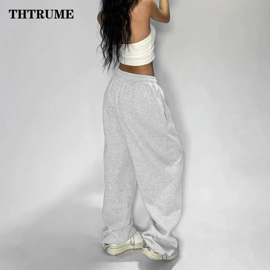 Casual Women Solid New Pant Fashion Summer Oversized Vintage Pocket Drawstring Wide Leg Pants Elegant Loose Baggy Chic Trousers