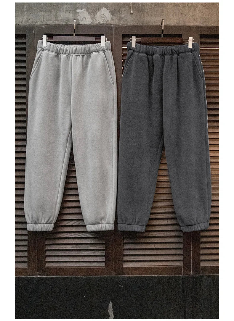 Maden Men's Casual Polar Fleece Cuffed Sweatpants Solid Color Elastic Waist Fleece-lined Pants Warm Sports Straight-leg Trousers