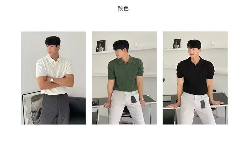 Trendy Polo Shirt for Men Summer Solid Color Top Versatile Knit Style Korean Short Sleeves Casual Fashion T-shirt