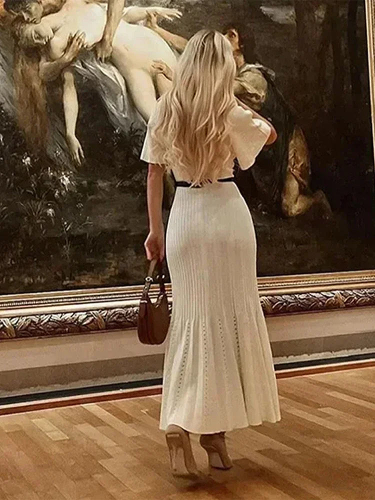 Elegant Solid Knitted Long Dress For Women Fashion O Neck Short Sleeve Single Breasted Female Robes 2024 Autumn New Lady Dresses