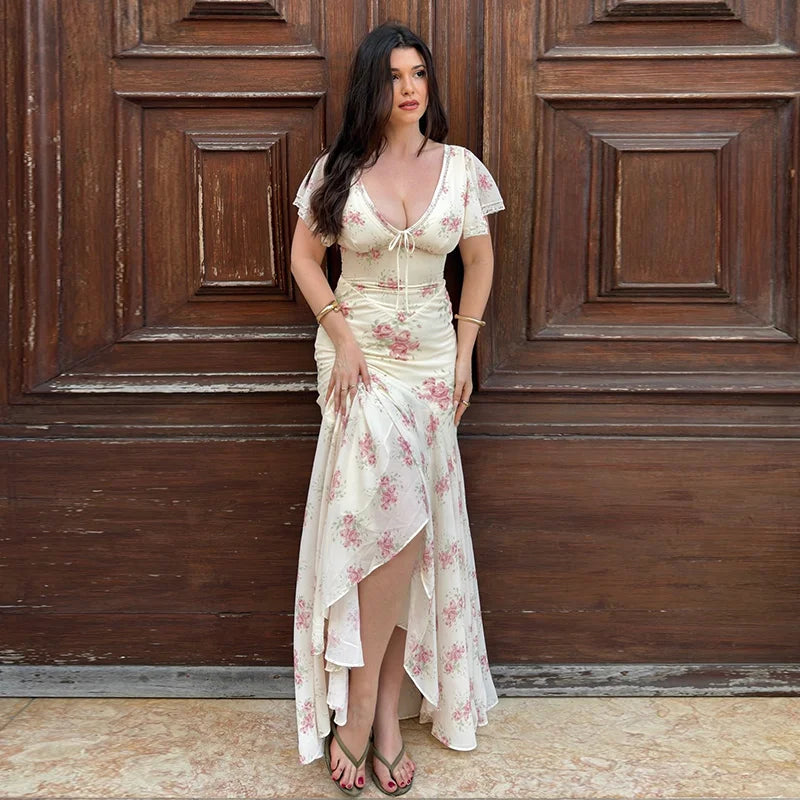 Fashion Women's Dress V-neck Short Sleeve Slim Female Print Floral Dresses 2026 Summer Sexy Elegant Holiday New Party Lady Robe