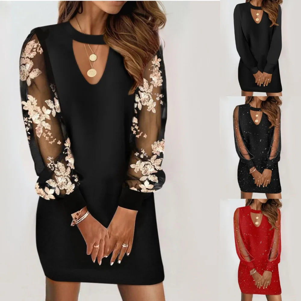 Sexy V Neck Mesh Lace Sleeve Dresses 2024 Spring Autumn Casual Loose Black Elegant Office Ladies Mini Dress