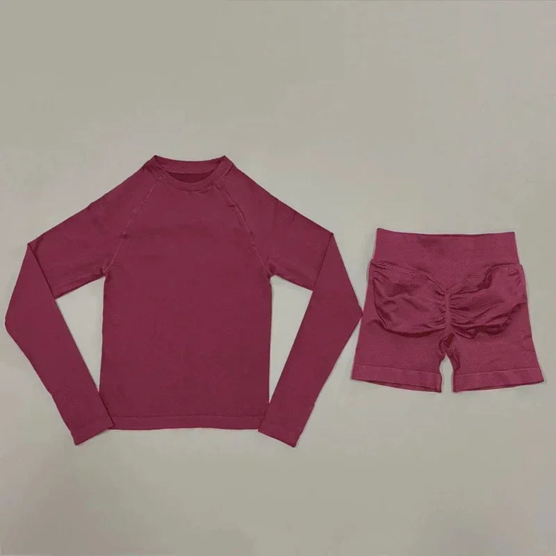 2 Piece Fitness Outfit Women Raglan Long Sleeve Crew Neck Top Hip Shaping Scrunch Shorts Stretch Soft Dance Gym Workout Set