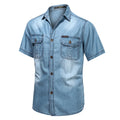 Men Short Sleeve Denim Shirts Multi pockets Tooling Shirts New Summer Blue Jeans Shirts High Quality Men Cotton Casual Shirts 3