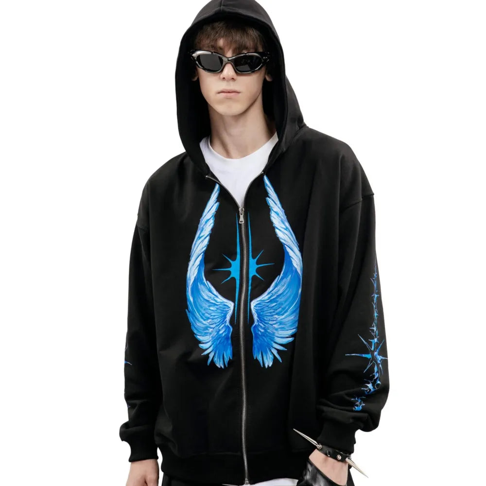 Streetwear Men Zipper Hoodie Bright Side Graphic Print Zip Hooded Pullover Sweatshirt Hip Hop Jacket Y2K Coat Clothing Goth Tops
