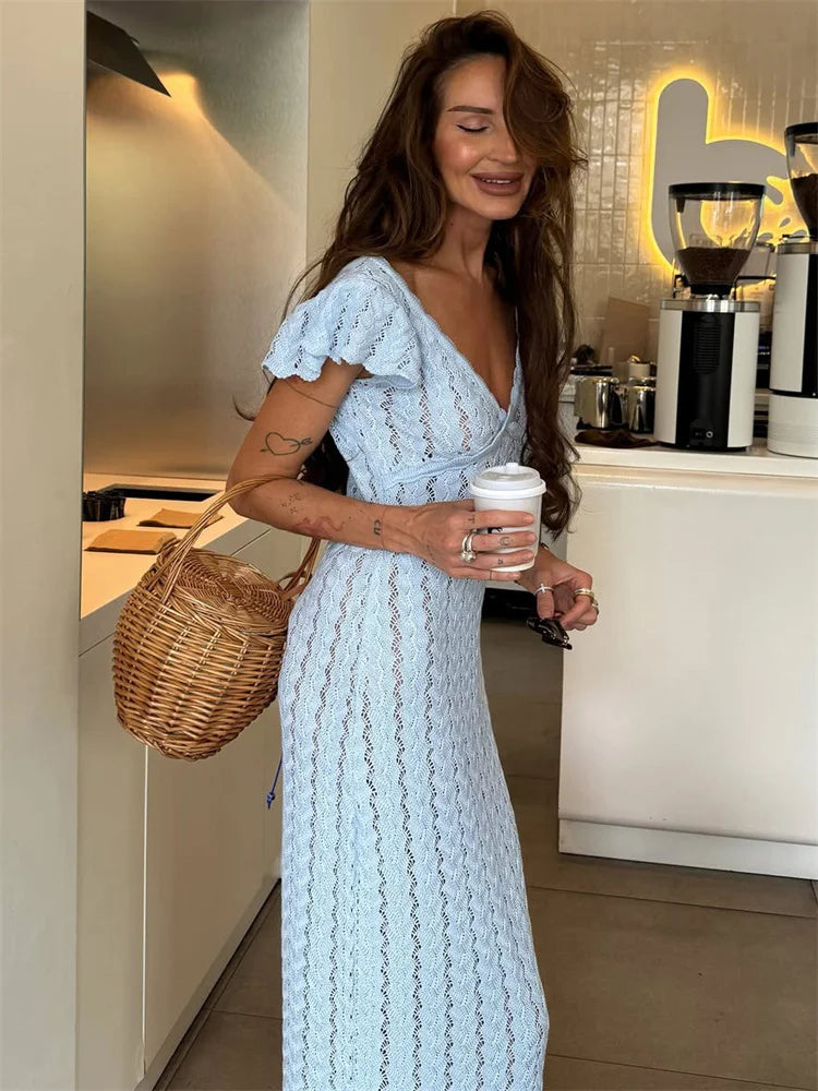Tossy Ruffled Hollow Out Knit Long Dress Women V-Neck Fashion Patchwork See-Through Beach Holiday Dress Knitwear Female Dress