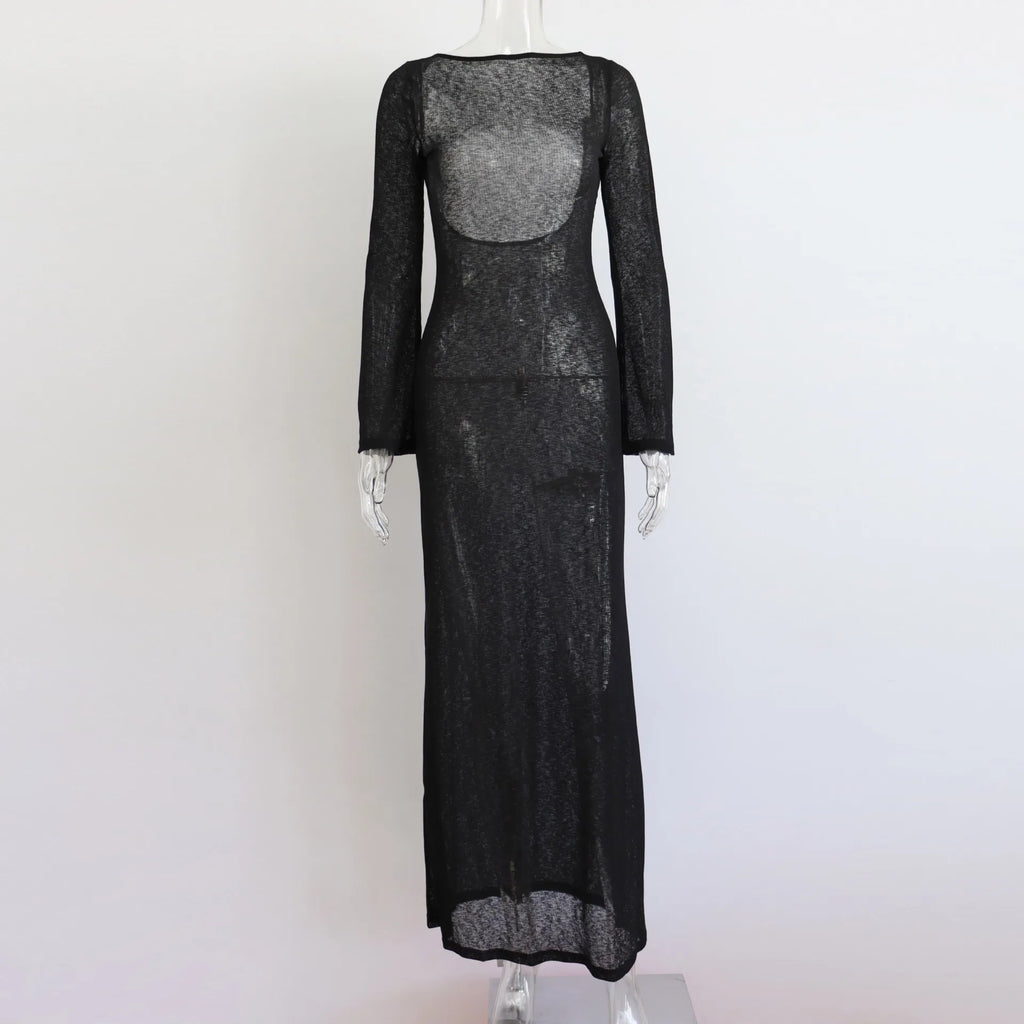 Women Summer Mesh Wrapped Dress Long Sleeve Round Neck See Through Sunscreen Solid Color Backless Beach Long Dress