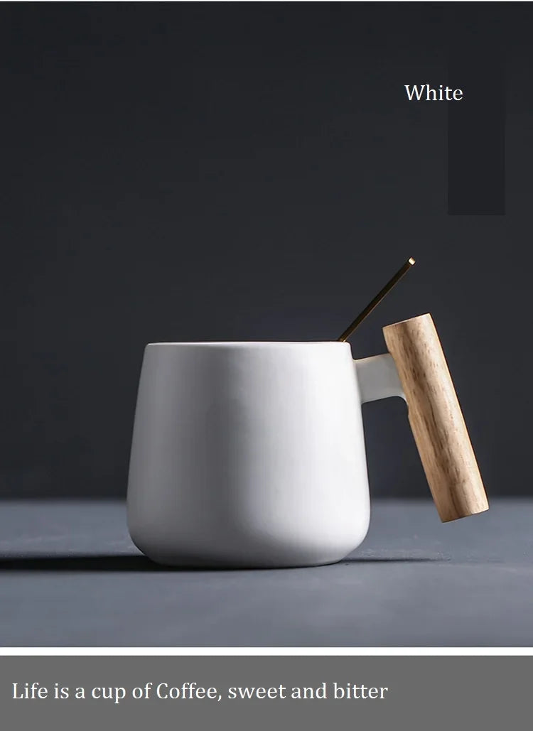 Nordic Style Black White Fat Body Coffee Mug with Wooden Handle and Spoon Modern Office Use Water Milk Drinks Ceramic Cups