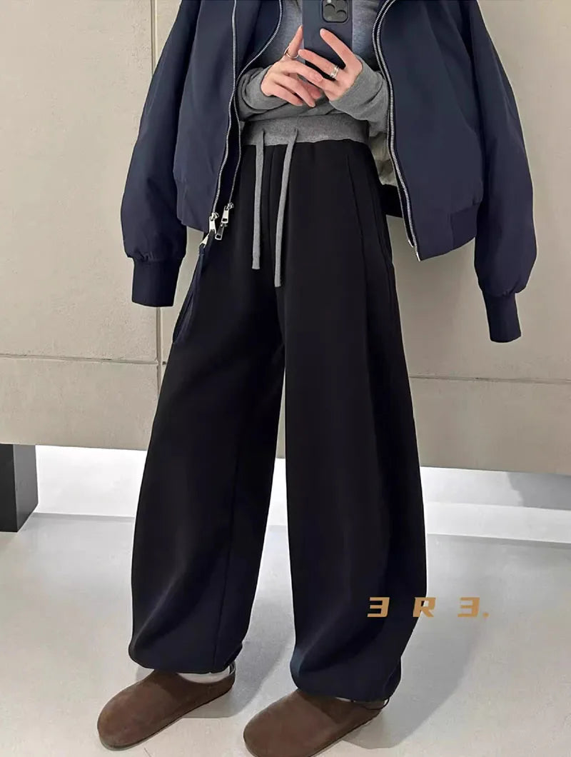 Women Drawstring Baggy Sweatpants High Waist Loose Wide Leg Curved Trousers Casual Soft Streetwear Jogger Pants for Daily Wear