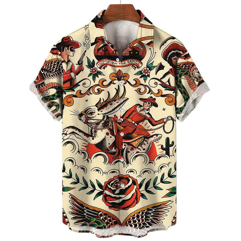 3D retro digital printed men's lapel short sleeved shirt