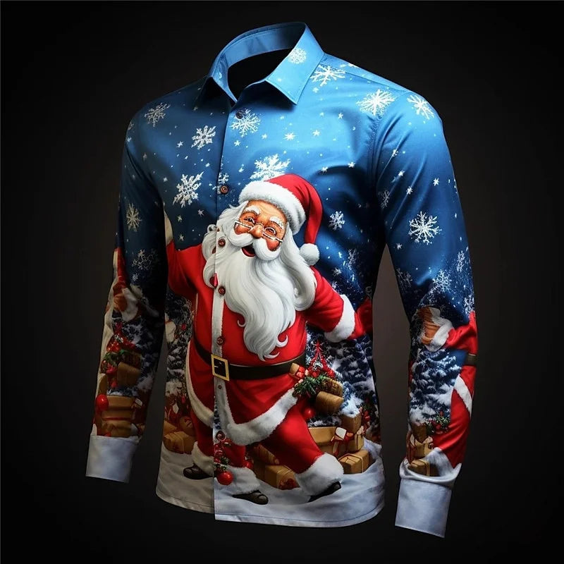Christmas Fireworks: Santa Print Men's Long Sleeve Shirt, Men's Fashionable Party Christmas Shirt, Four Seasons Casual Men's Shi
