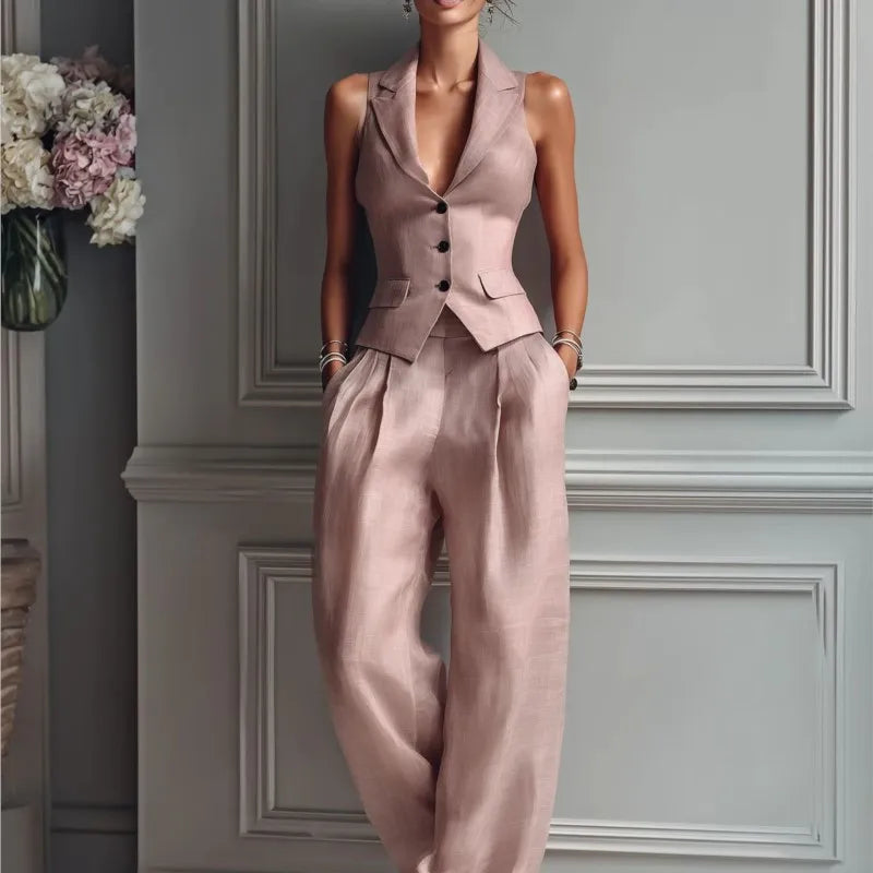 2026 Summer Women Two Piece Set Single-breasted Sleeveless Vest Top And Trousers Pants Set Suit Office Ladies Suits