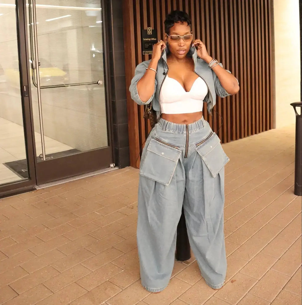 Denim Two Piece Sets Women Coat Jacket Wide Leg Pants Jeans Suits Matching Sets Trousers Outfits 2025 Y2k Streetwear Party