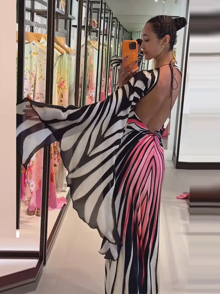 Sexy Printed Women's Dress Wide Sleeve Backless Waist-Closed Hip Package Lady Long Dresses 2026 Summer Autumn Chic Female Robe