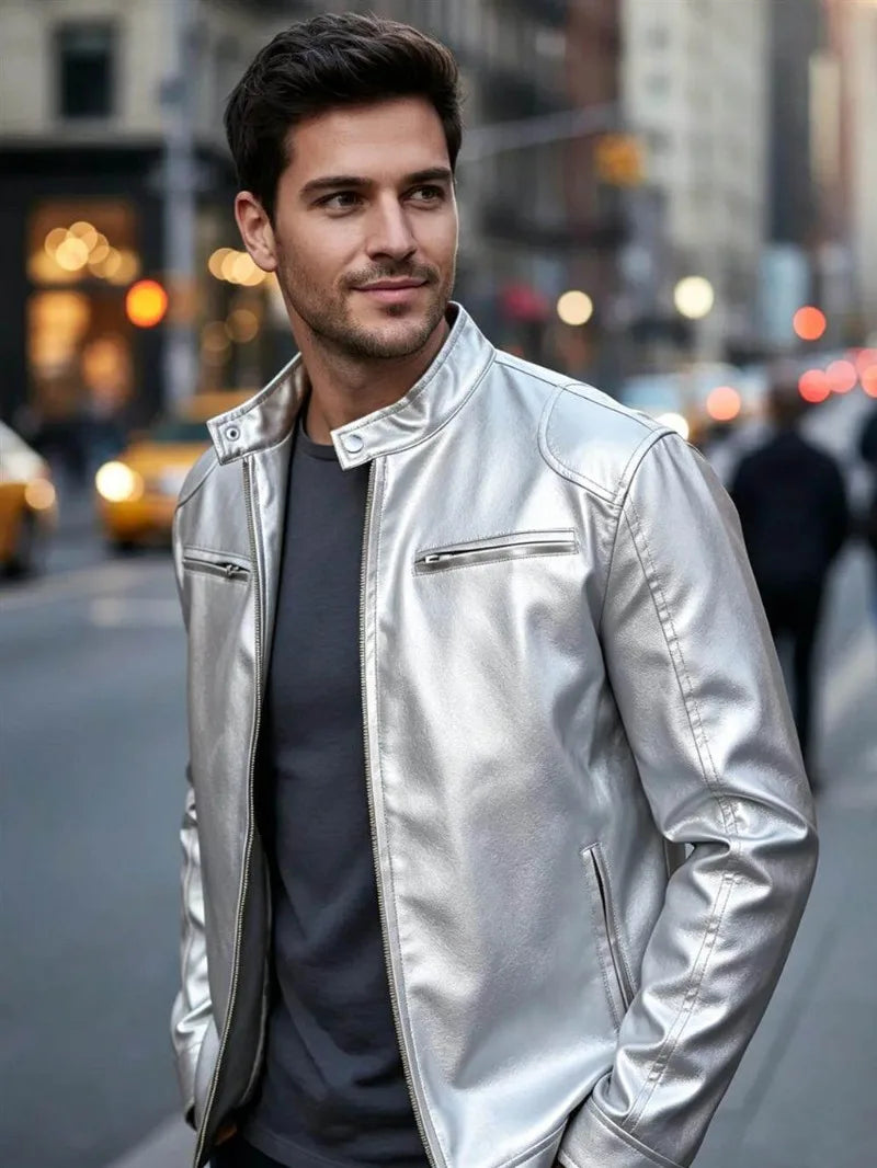 Men's PU leather jacket stand-up collar slim-fit vintage-style biker jacket spring/fall top