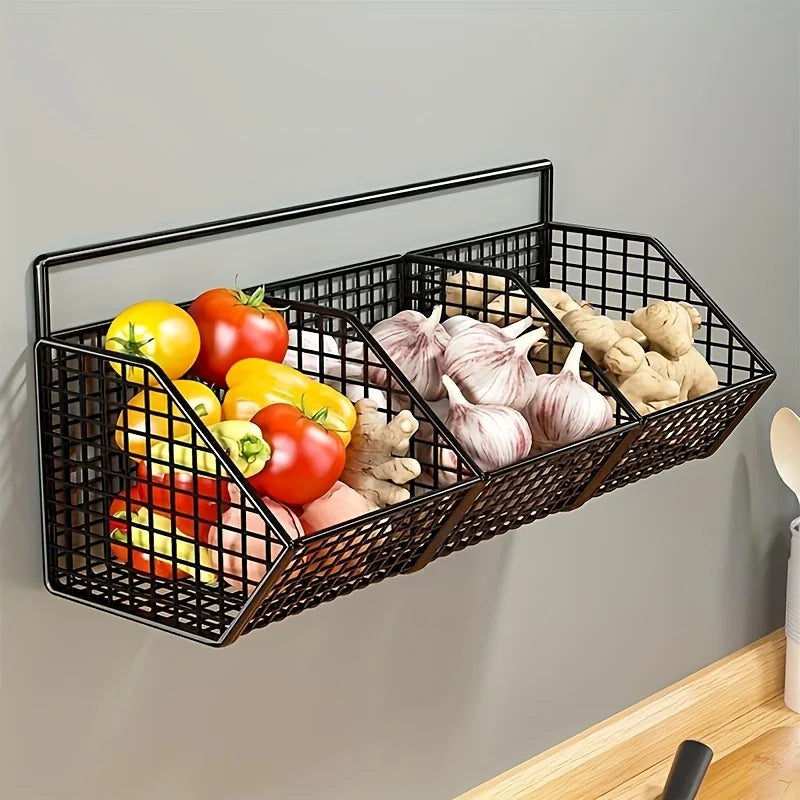 Wall-Mounted Multi-Functional Kitchen Organizer - Durable Metal Vegetable, Garlic, and Onion Storage Basket - Storage Organizer