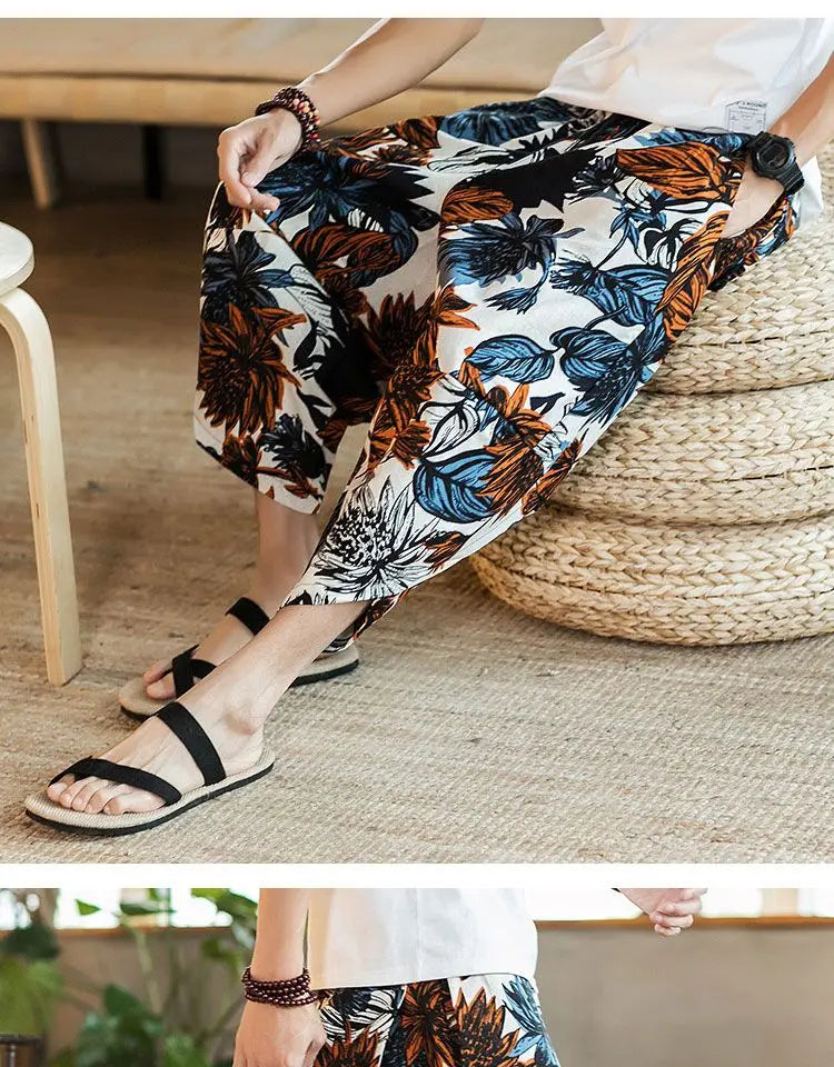 Men's Casual Cotton Linen Seven-Foot Pants Summer plus Size Lantern Loose Fit Shorts Harlan Style Comfortable Breathable Leis...