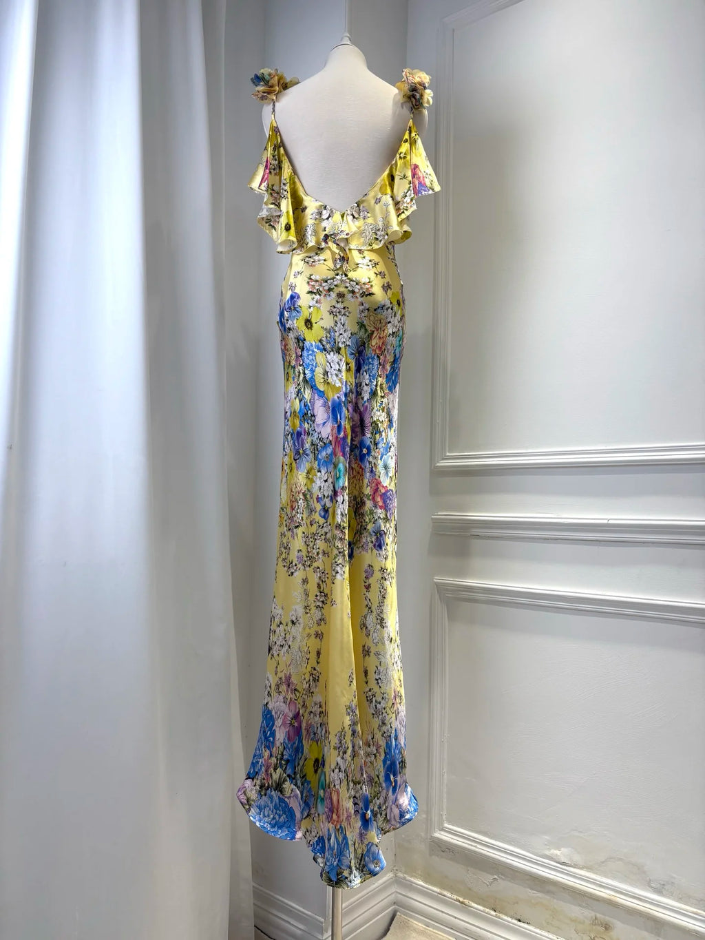100% Silk Women Floral Print Sling Robe V-Neck Sleeveless High Waist Elegant Slim Yellow Maxi Dress