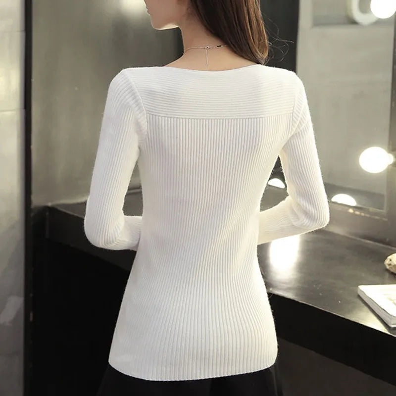2024 Spring Casual Long Sleeve Knitted Sweater Women Autumn Pullover Sweaters Korean Style Winter Slim White Pull Knitwear 7571