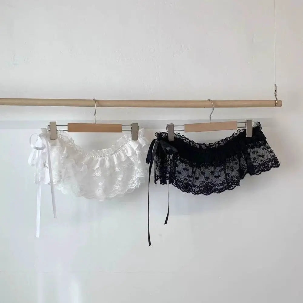 Polyester Embroidered Flower Lace Mini Skirt See Through Y2K Streetwear Ruched Skirts Harajuku Butt Curtain Jeans Decoration