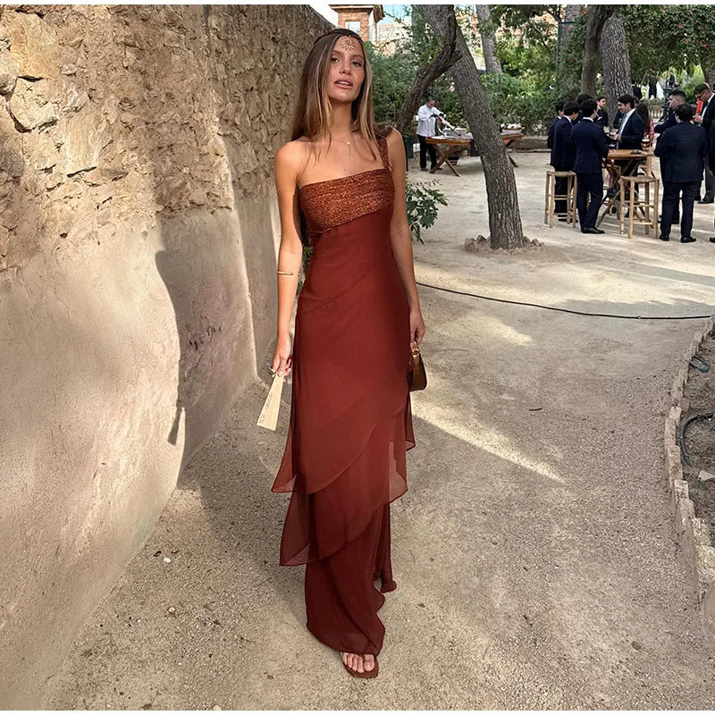 Elegant Patchwork Women's Dress Sleeveless Cascading Ruffle Skew-Collar Lady Long Dresses 2026 Summer Chic Female Vacation Robe