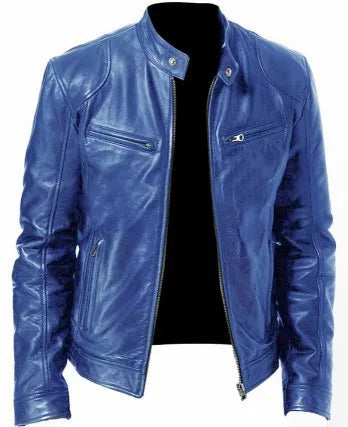 Winter Stand Collar Zip-Up Pocket PU Leather Jacket Men's Slim Business Casual