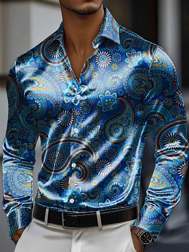 Men's Shirt 3D Vintage Chain Print Polyester Fabric Outdoor Street Long Sleeve Button Clothing Fashion Street Style Design