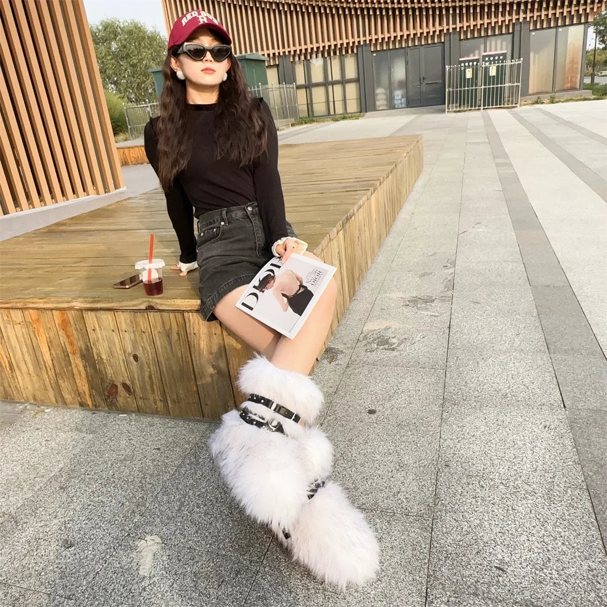 Winter Fur New Design Onepiece Raccoon FurFemale Snow Boots Fur shoes OutdoorMid Leg Boots y2k Cool Pink Girl