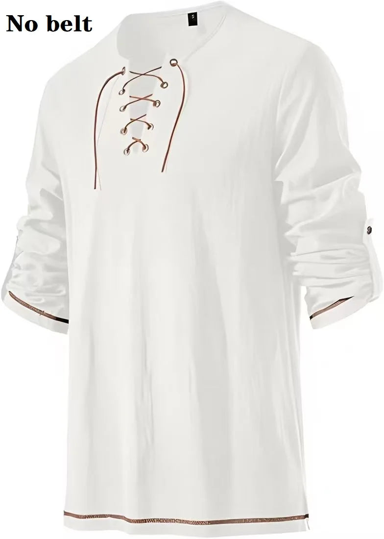 Men Medieval Lace Up Linen Long Sleeve Tunic Viking Pirate Renaissance Cosplay Shirt With Vintage Embossed Leather Belt