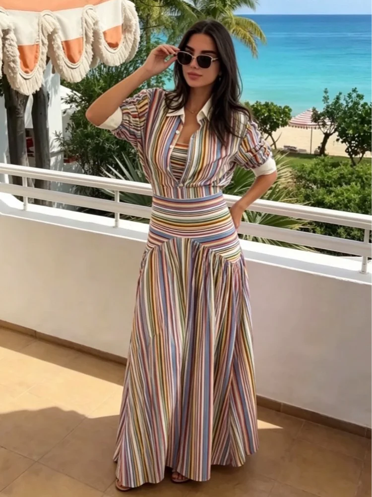Multicolor Striped Shirt 2 Picec Set Button Front Blouse High Waist Flared Hem Maxi Skirt 2026 Summer Elegant Lady Vacation Suit