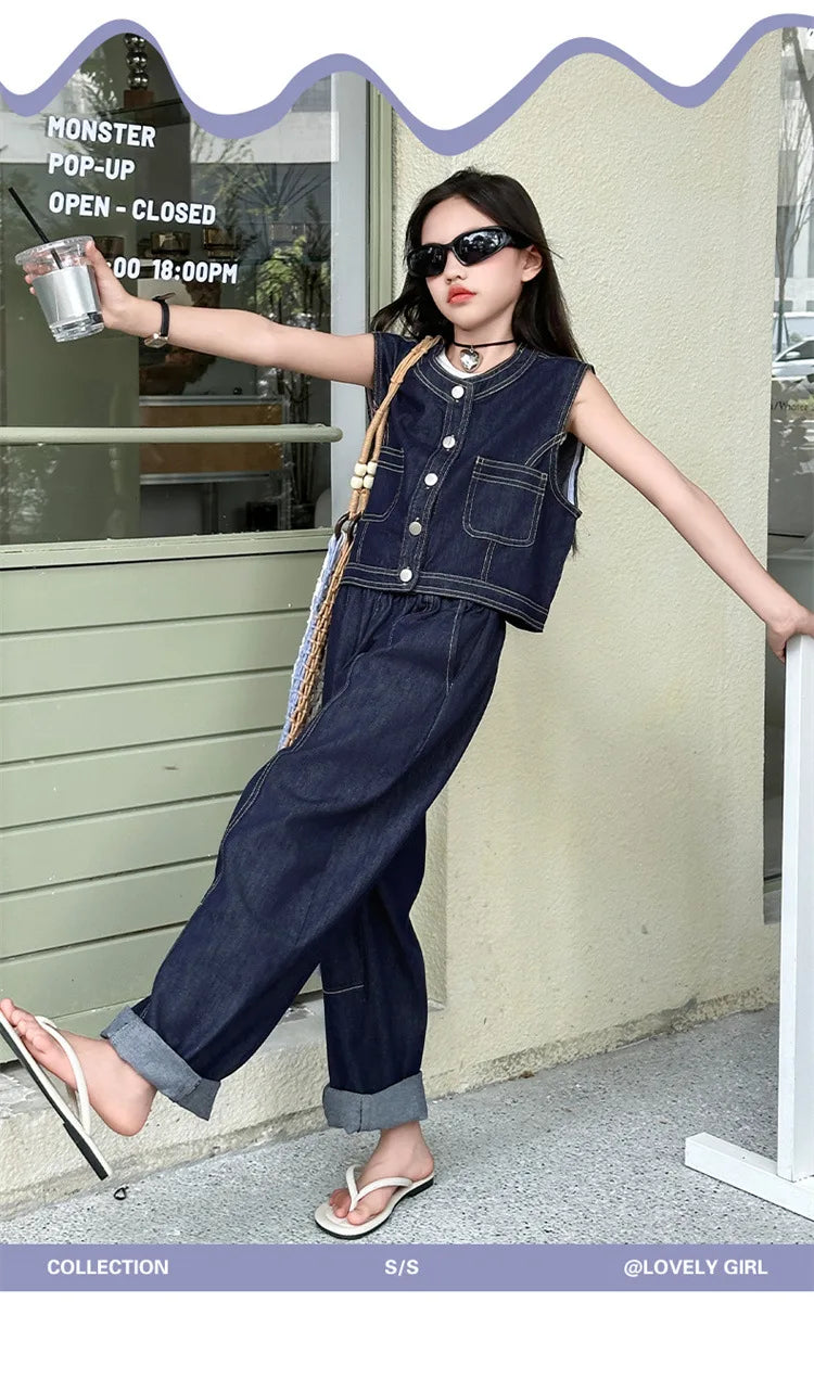 Summer teen Girls Denim Set 2024 Child Sleeveless Cowboy vest+Wide leg pants Two Piece junior kid jeans suit child outfits 10 12