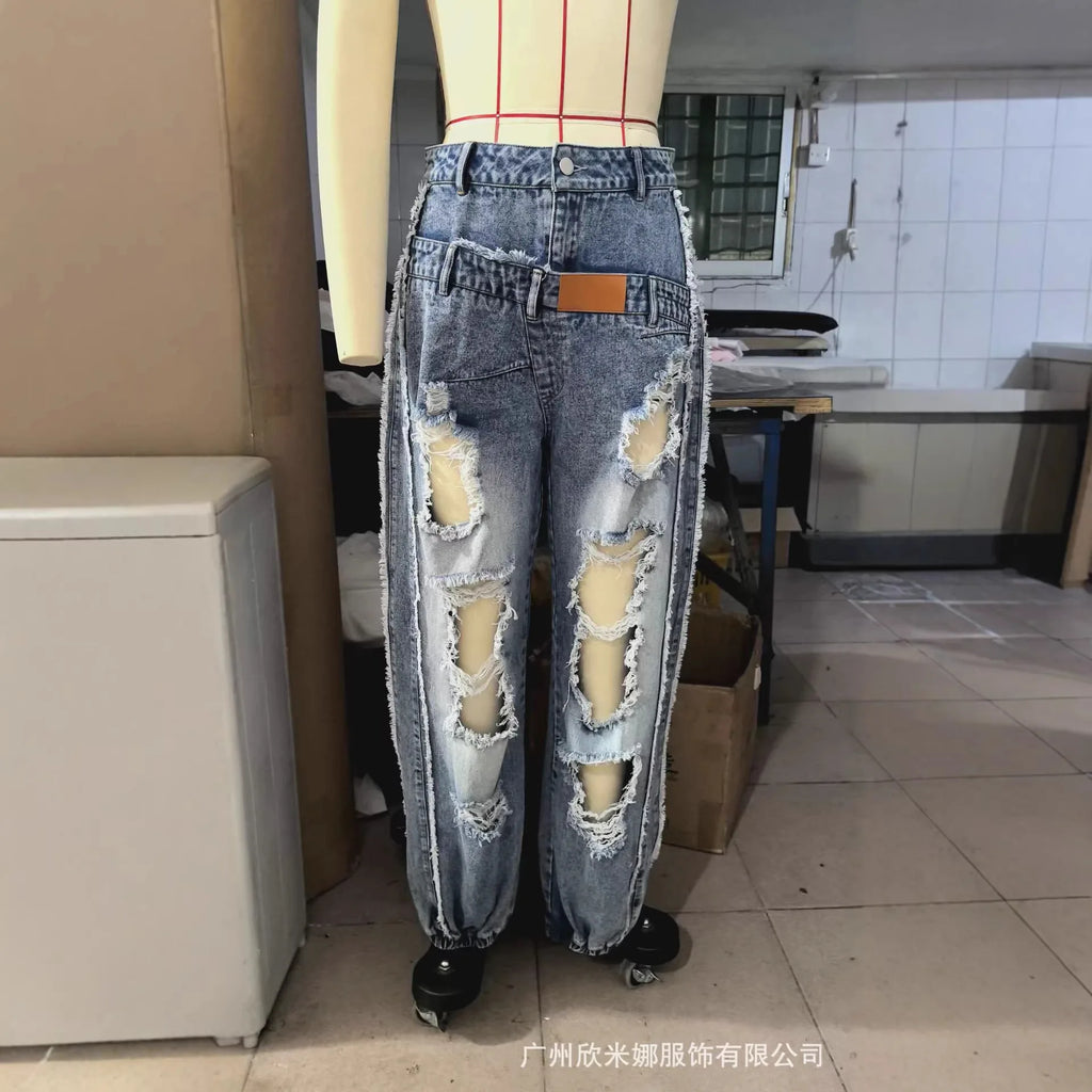 2026 New Summer Women's Washed Ripped Jeans Loose Straight Leg Drawstring Ankle Tied Casual Denim Pants For Daily