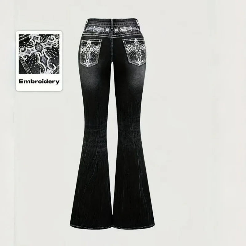 2026 New Female Chic Embroidery Rhinestone Mid-rise Jeans Girls Black Slim Fit Denim Trousers Women Retro Straight Leg Pants