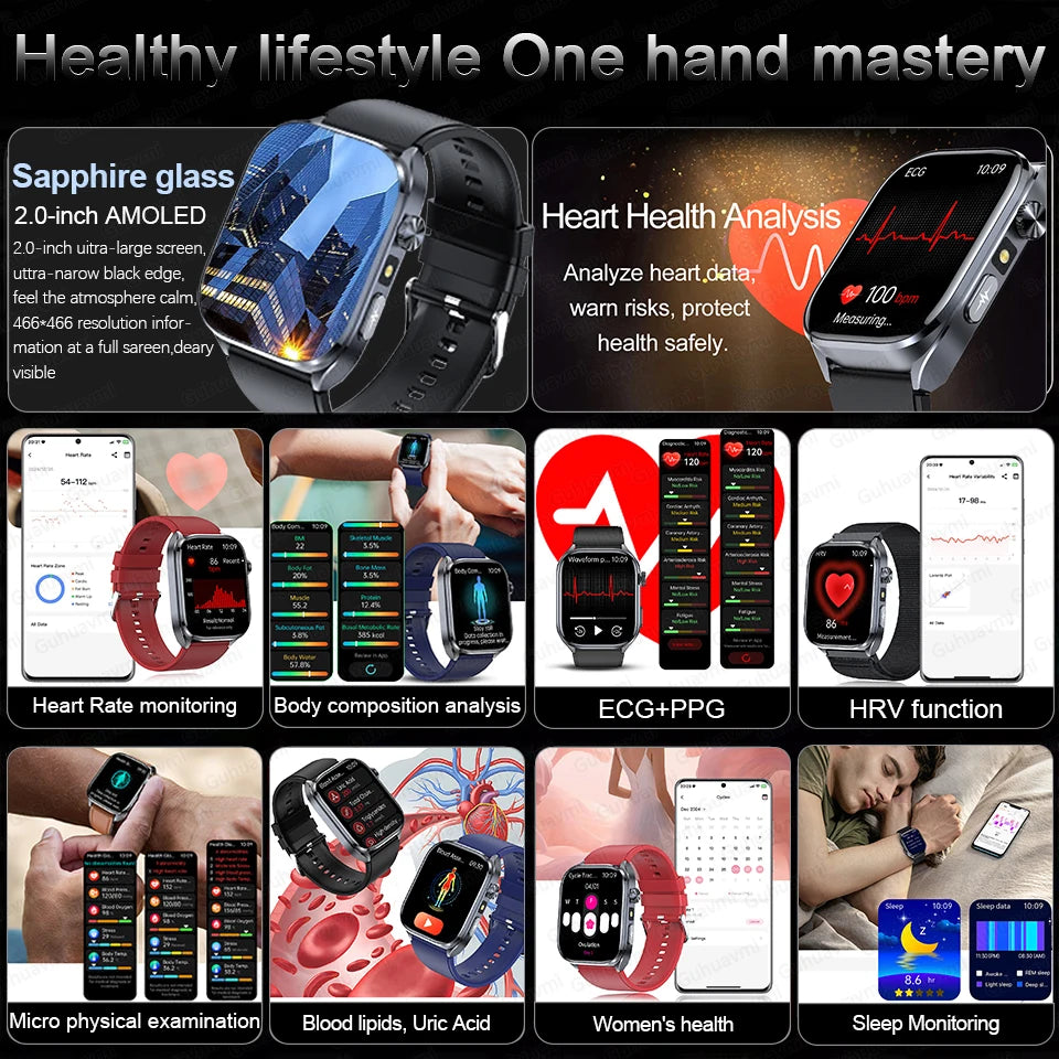 2026 New AI-Diagnosis Care Smartwatch Accurate ECG Uric Acid Lipids Blood Pressure Body Fat IP68 Waterproof Fitness Smartwatch