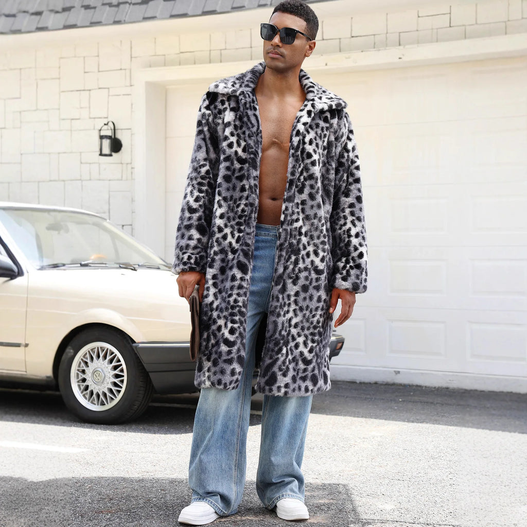 Men Faux Fur Coats Leopard Jackets Color Blocked Turn Down Collar Long Sleeve Single Breasted Straight Casual 2025 Autumn Winter