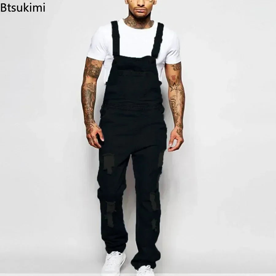 2026 Men's Ripped Denim Overalls Fashion Full Length Suspender Pants Man Jeans High Street Jumpsuit Distressed Casual Trousers