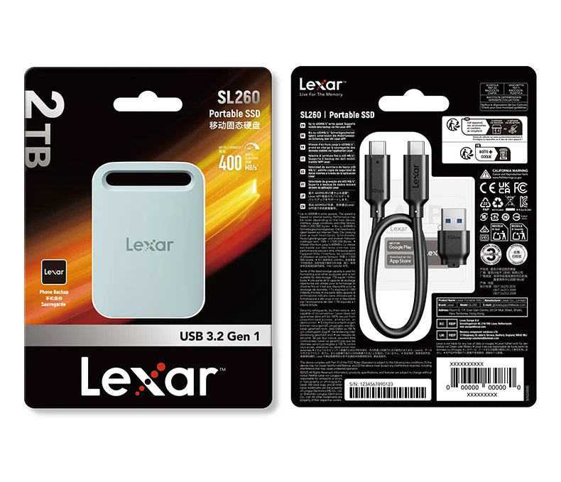 Lexar Portable Solid State Drive SL260X USB3.2 Type-C PSSD 512GB 1TB External Hard Drive Max 390Mb/s Read 400Mb/s Write SSD Disk