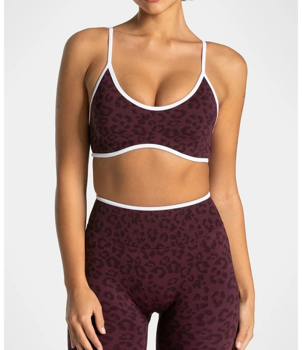 NO LOGO Women leopard print yoga fitness suit, contrasting edge sports bra high waisted leggings running cycling headband