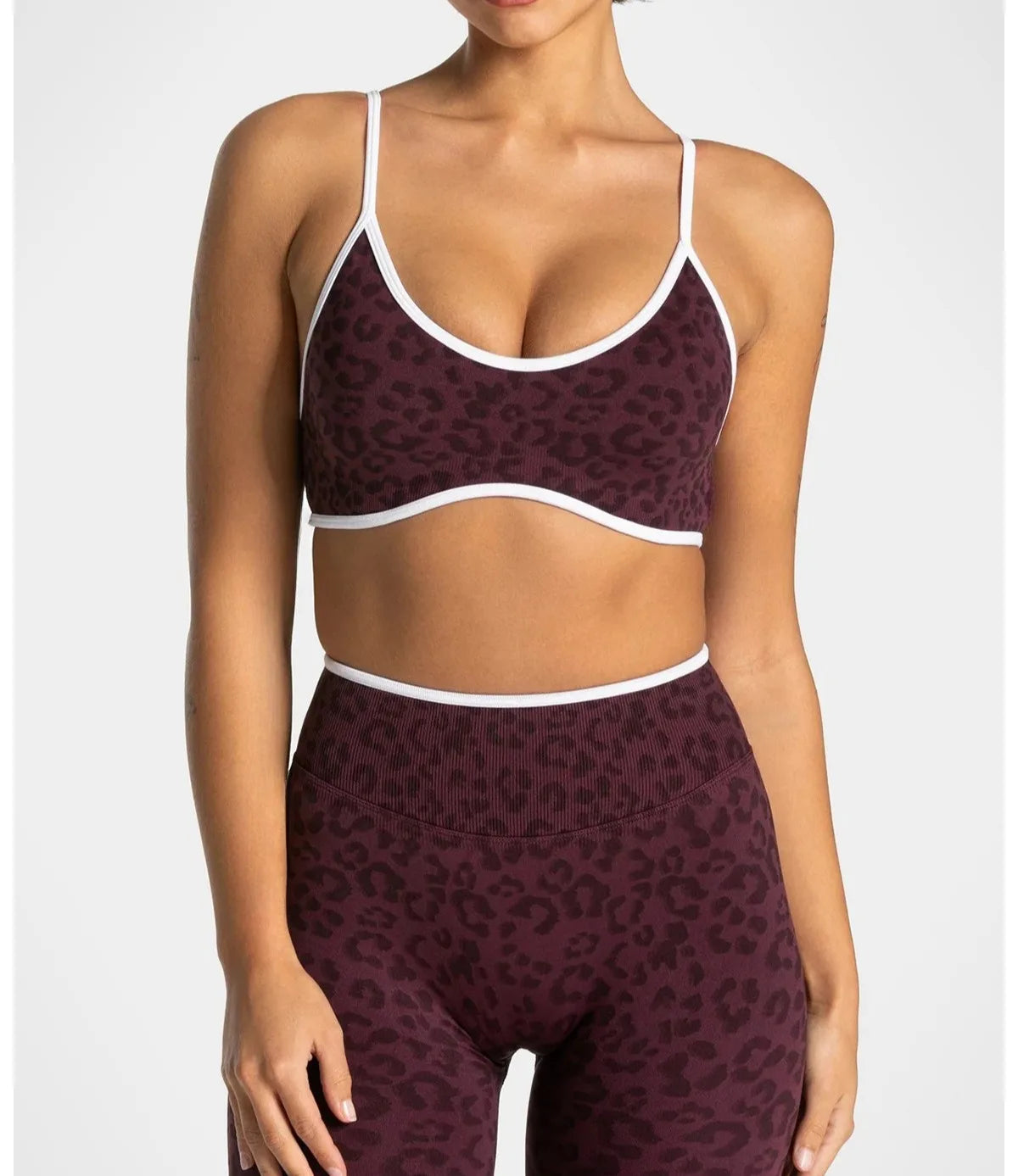 NO LOGO Women leopard print yoga fitness suit, contrasting edge sports bra high waisted leggings running cycling headband