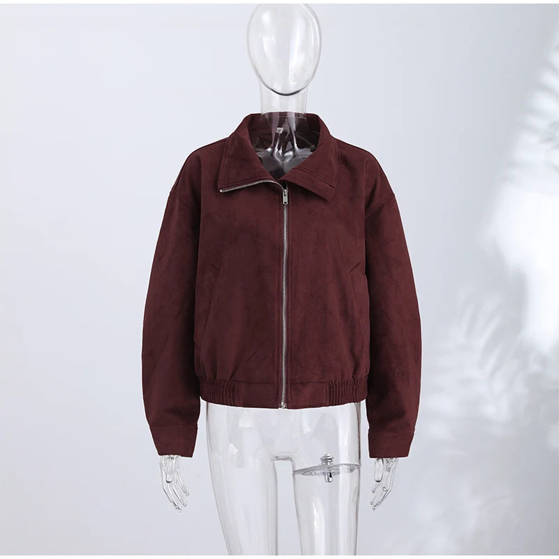 Faux Suede Women Winter Jacket Belted Waist Autumn Coat Stand Collar Short Jacket Cargo Jacket Daily Commute Wear Street Style