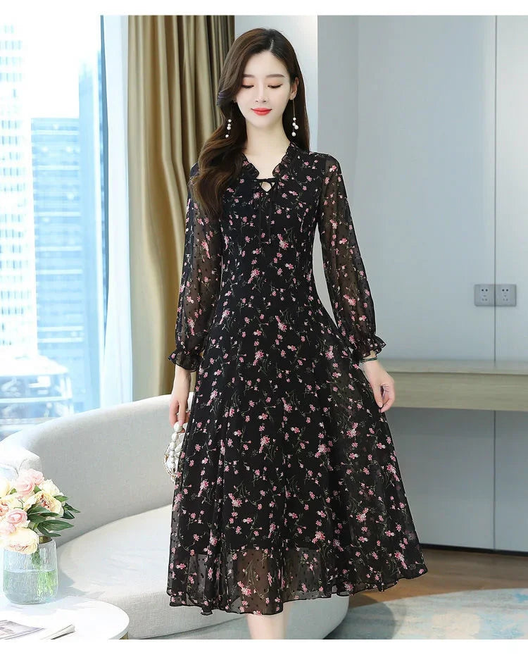 Woman Dress Summer Autumn New Long Sleeve Small Floral Chiffon Dress Dress Vestido De Mujer