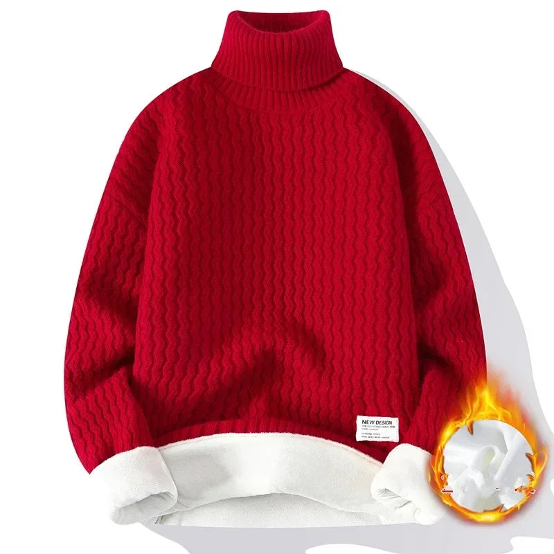 New Winter Fleece Turtleneck Sweater Men Warm Knit Pullovers Mens Casual Knitted Sweaters Solid Color Turtleneck Knitwear Man