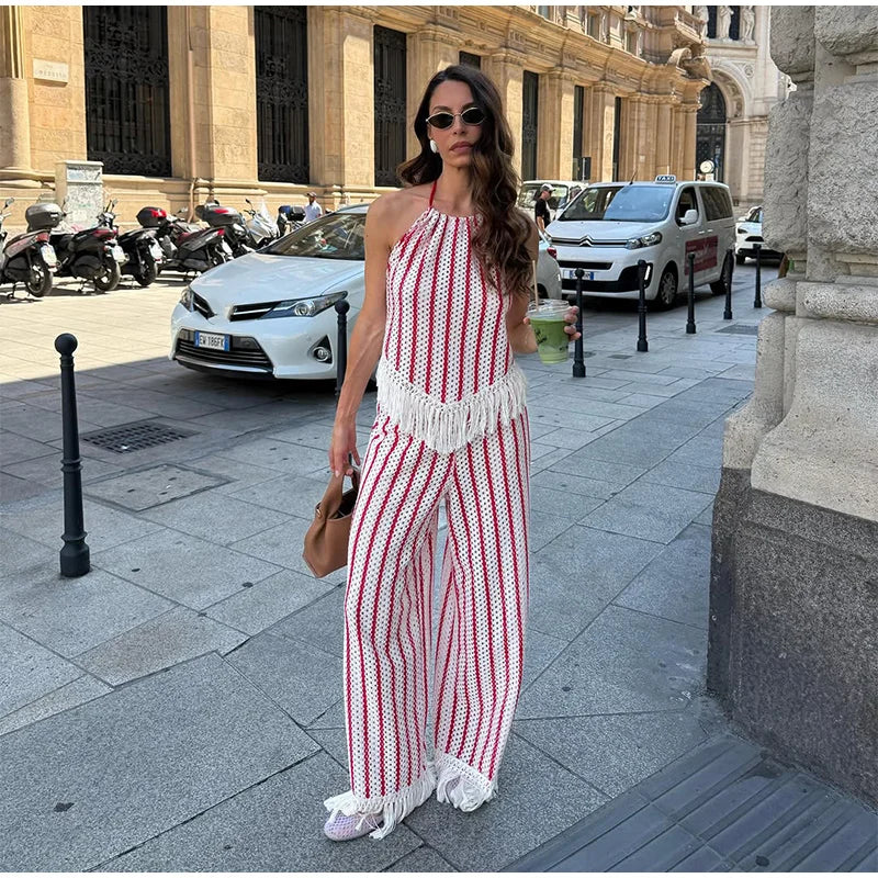 Halter Vertical Striped Fringe Two Piece Set Sleeveless Tank Top Loose Wide Leg Pants Women 2026 Summer Holiday Beach Chic Suit