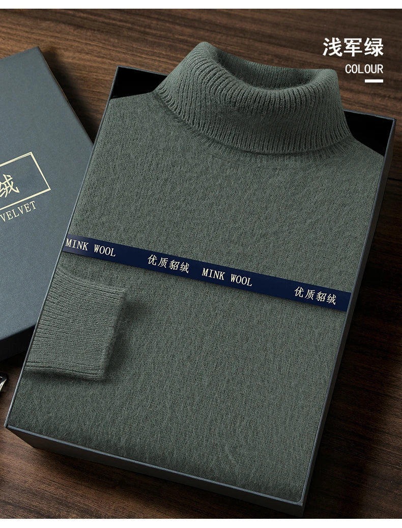 2024 Autumn Winter New Men's Casual High Collar Mink Cashmere Sweater Versatile Loose Pullover Knitted Sweater Warm Base Sweater