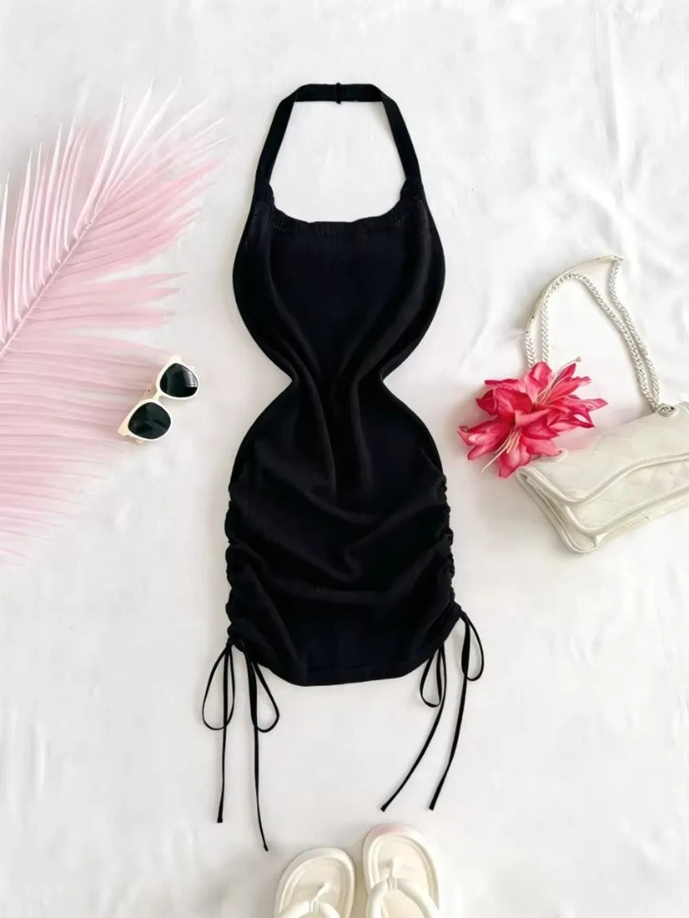 Y2K Solid Color Halter Neck Dress Sleeveless Design Drawstring Mini Dress Ruched Side Stretchy Knit Sundress Women Summer Wear